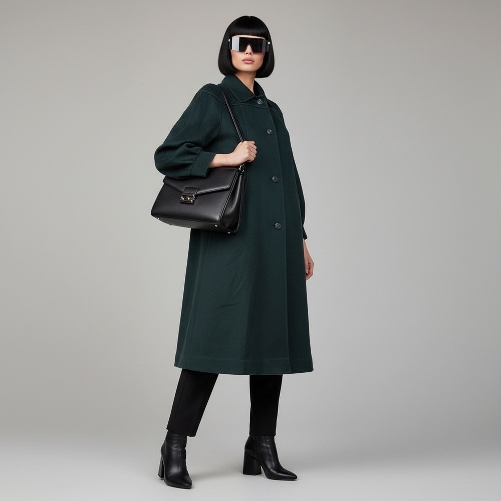 Vintage Me-Jay Montreal Wool Coat Midi 80's  Dark Green Old Money Quiet Luxury L